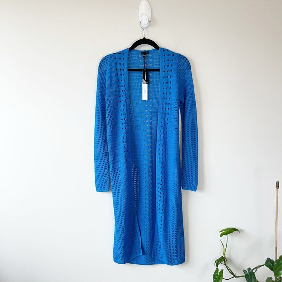 Express Crochet Long Line Cardigan Duster Open Knit Blue Size XS NWT’s - Picture 1 of 10